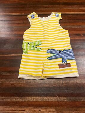 Millie Jay Yellow & White Striped Sleeveless Baby Romper with Crocodiles 12 m